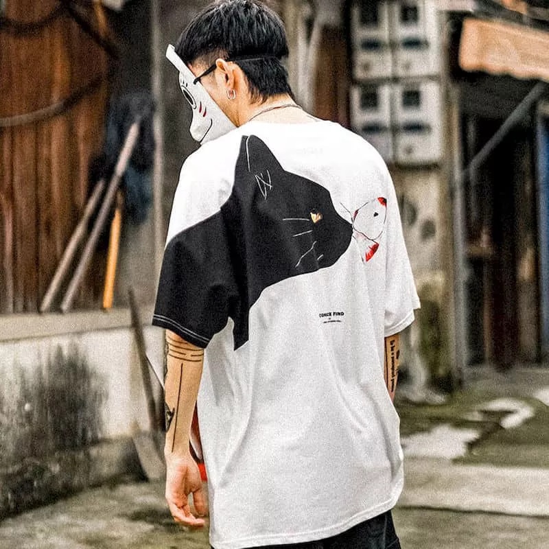 Camiseta-masculina-de-manga-curta-e-feminina-gato-preto-impress-o-solta-em-torno-do-pesco