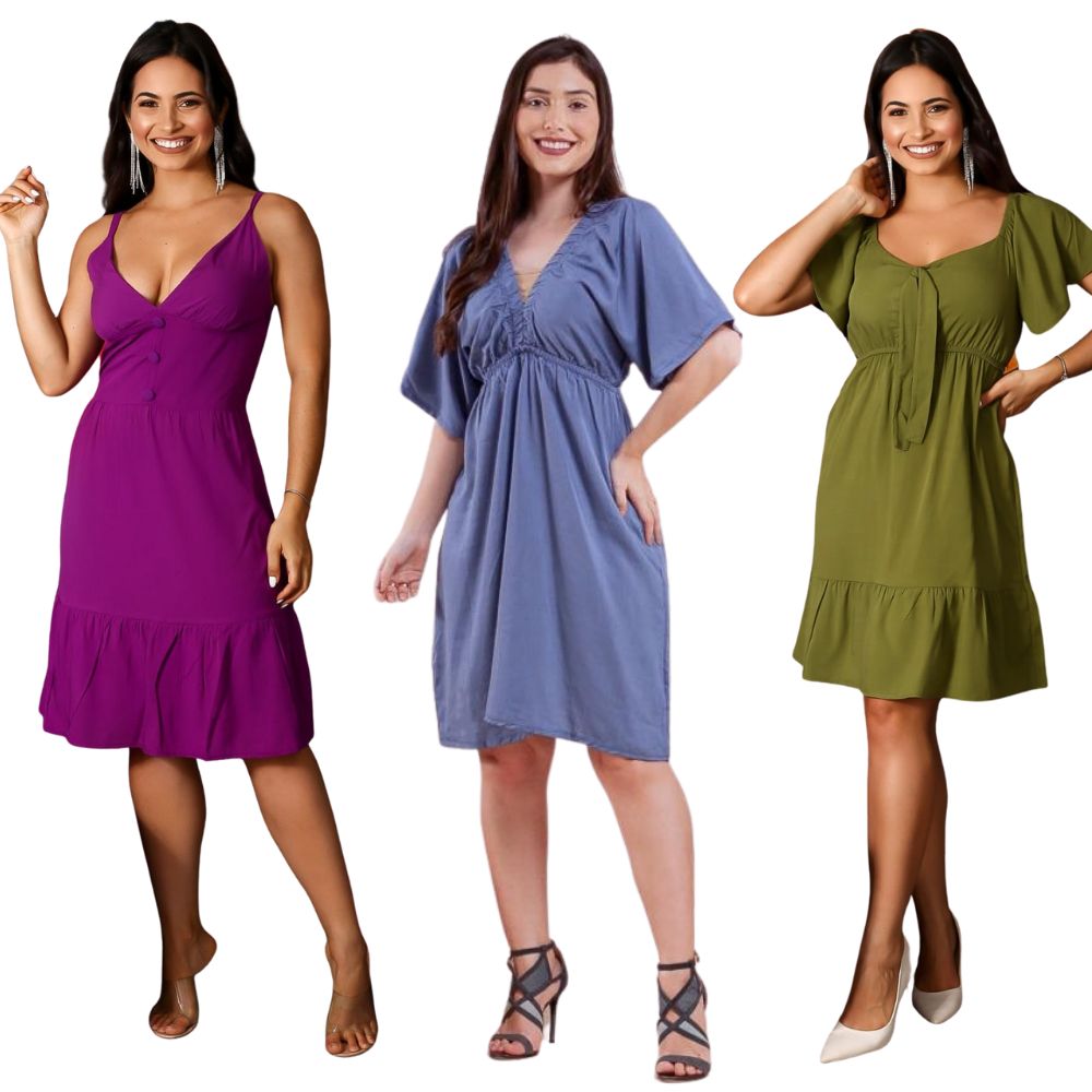 Kit-3-Vestido-elegante-adulto-mulher-moderna-liso-no-joelho