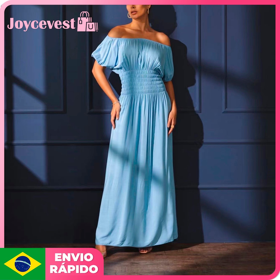 Vestido-Longo-Lastex-na-Cintura-Manga-Curta-Ciganinha